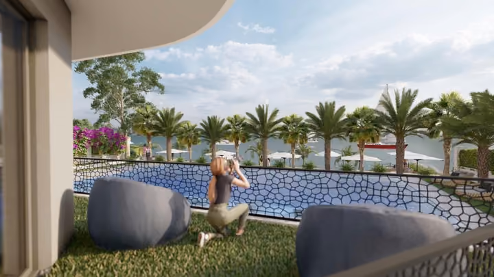 Architectural rendering of a ground-level patio facing the pool area