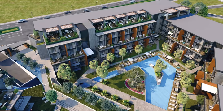 Architectural rendering of aerial view of apartment buildings around the landscaped pool in Gaziemir, Izmir.