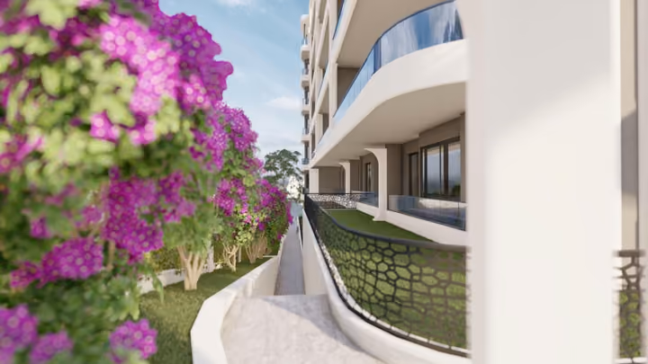 Architectural rendering of a flower-lined path beside the building