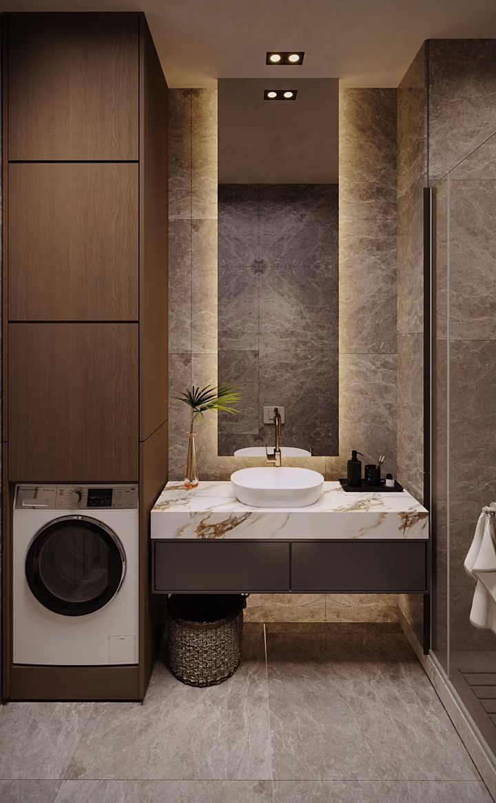 A compact bathroom with a washbasin, shower and laundry appliance. Architectural render supplied in the project source folder; it illustrates the proposed design.