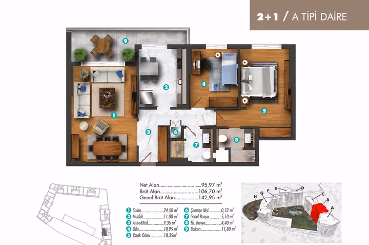 Apartment plan showing 2 bedrooms and 2 bathrooms; 106.70 square metres gross and 95.97 square metres net. General gross area is separately labelled in the drawing.