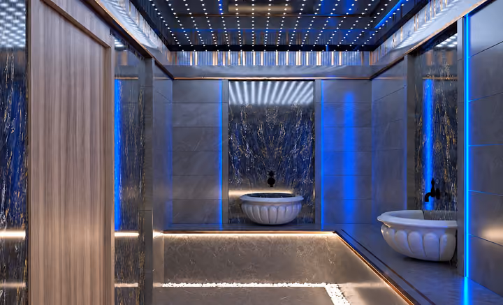 Architectural rendering of turkish bath with stone basins.