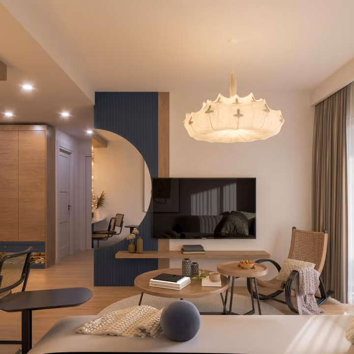 Interior rendering of the living room television corner and seating