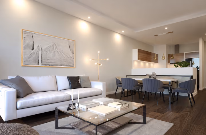 Interior view showing bright living room beside the dining space in Gaziemir, Izmir.