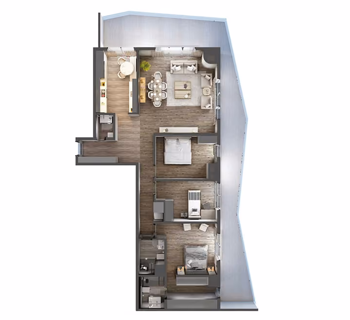 Three bedroom apartment floor plan with separate kitchen.