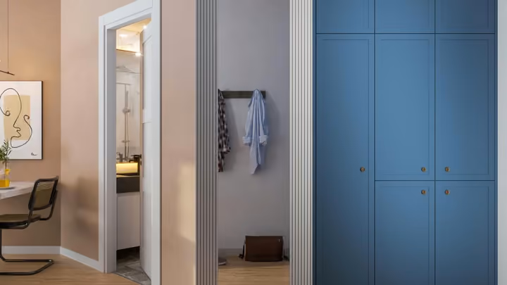 Interior rendering of hallway storage and the adjoining rooms