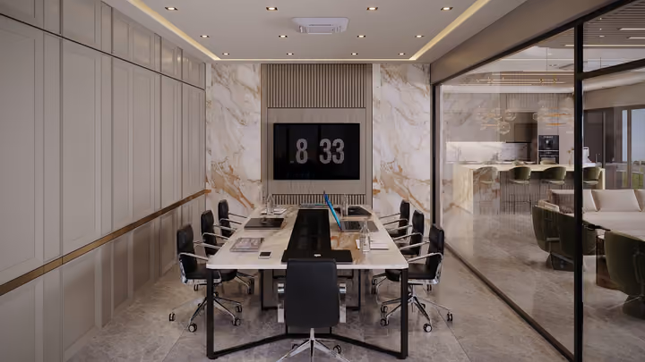 A meeting room with a long table, office chairs and a wall screen. Architectural render supplied in the project source folder; it illustrates the proposed design.