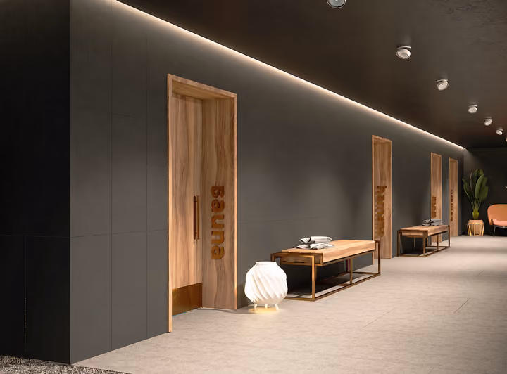 Architectural rendering of spa corridor and treatment entrances.