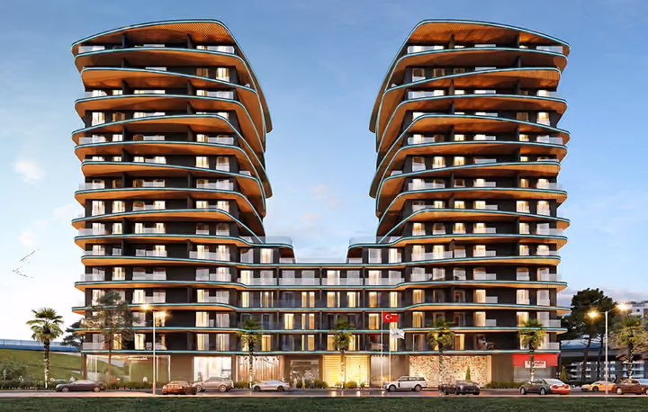 Architectural rendering of twin residential towers and shared podium.