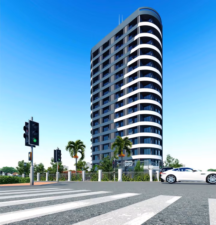 Rendering of the rounded tower facade from the intersection