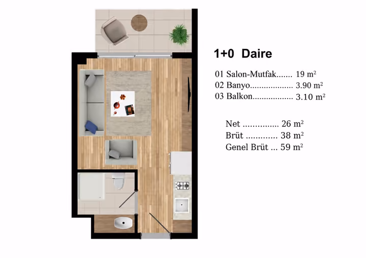 Floor plan labelled studio, showing an open living area, one bathroom and a balcony.