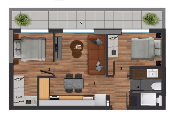 Two-bedroom apartment floor plan, showing room arrangement and outdoor space.