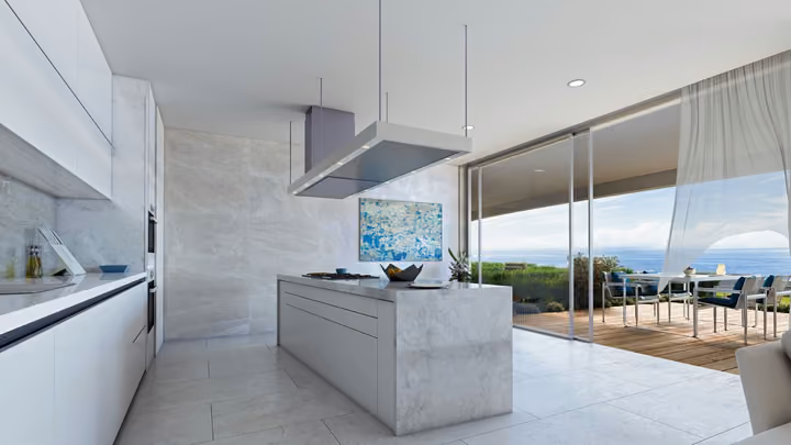 Developer interior visualization of a fitted kitchen with an island and terrace access.