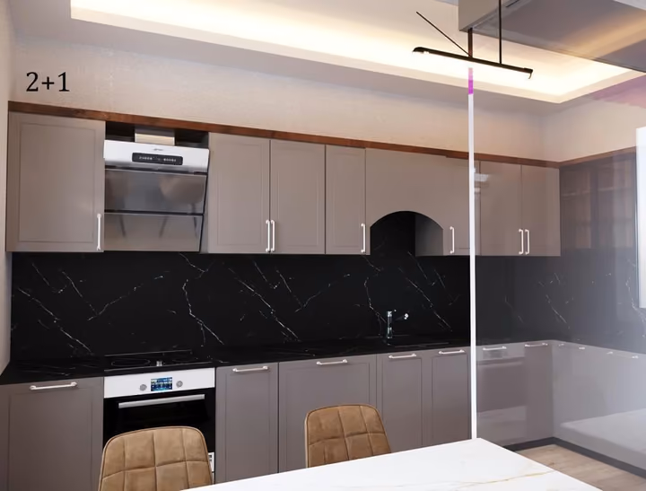 Separate kitchen visualization for the two-bedroom type; appliances and finishes are illustrative.