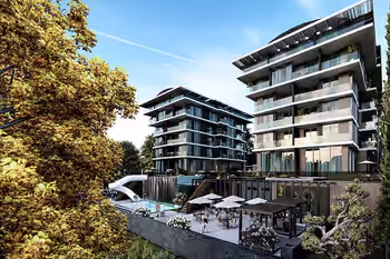 شقق مطلة على البحر بالقرب من شاطئ كليوباترا في ألانيا، تركيا