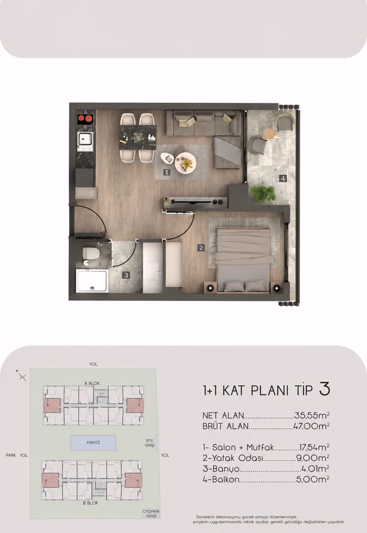 Type 3 plan showing one bedroom, one bathroom, living room with kitchen and balcony; 47 square metres gross and 35.55 square metres net.