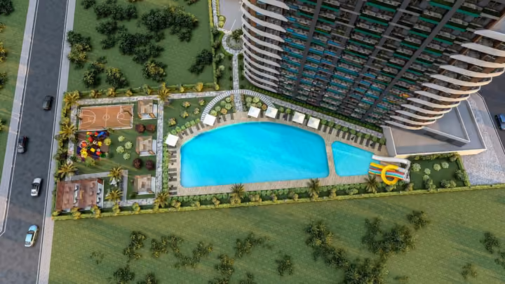 Aerial architectural visualisation of the pool, sports court and playground.