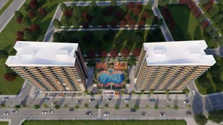 Aerial architectural visualization of two buildings and their shared landscaped courtyard.