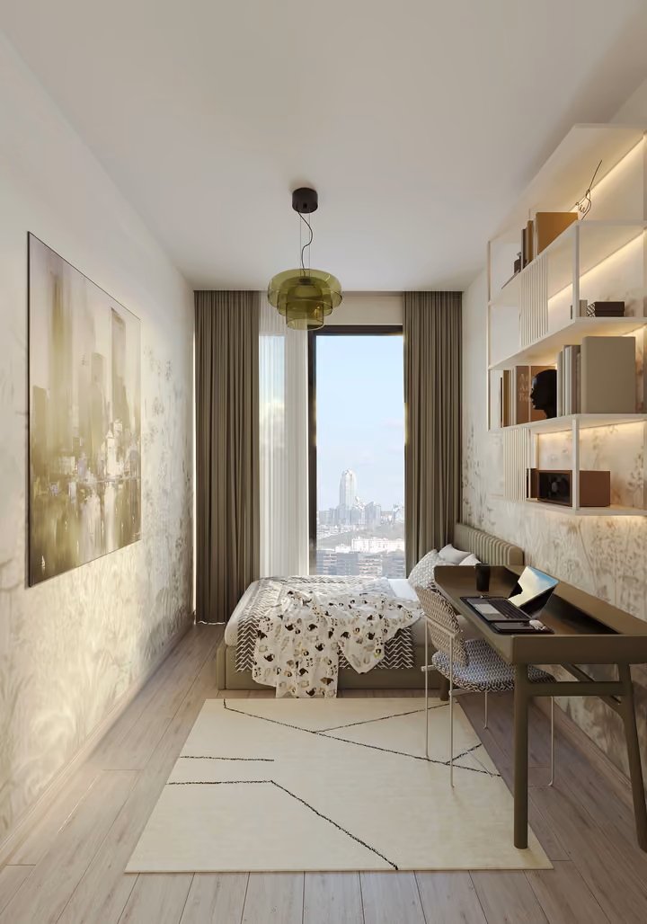 Single bedroom with a desk, wall shelves and a tall window.