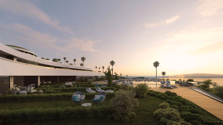 Architectural visualization of the garden, trees and apartment frontage in evening light.