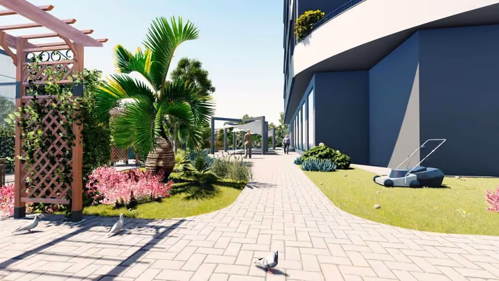 Rendering of a path through the planted grounds