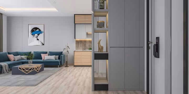 Representative rendering of the apartment entrance and living area