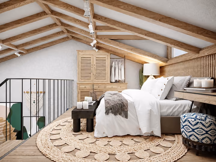 Architectural rendering of mezzanine bedroom beneath an exposed-beam ceiling in Alacati, Cesme.
