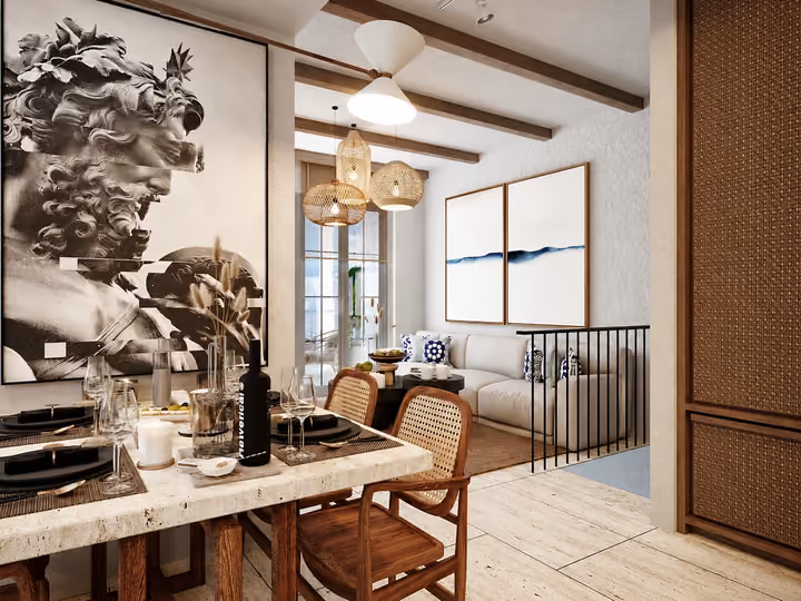 Architectural rendering of dining area beside the double-height living space in Alacati, Cesme.