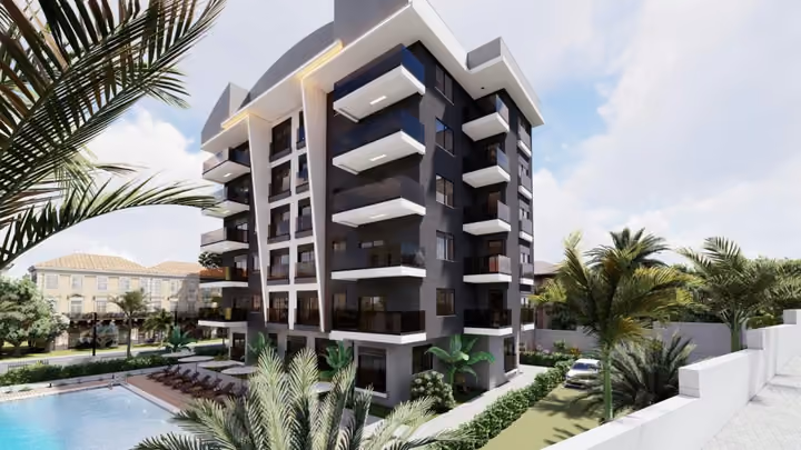 Architectural visualisation of an apartment building beside a pool and landscaped courtyard.