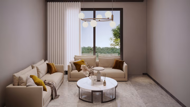 A sitting room with sofas arranged around a coffee table beside a broad window. Architectural render supplied in the project source folder; it illustrates the proposed design.