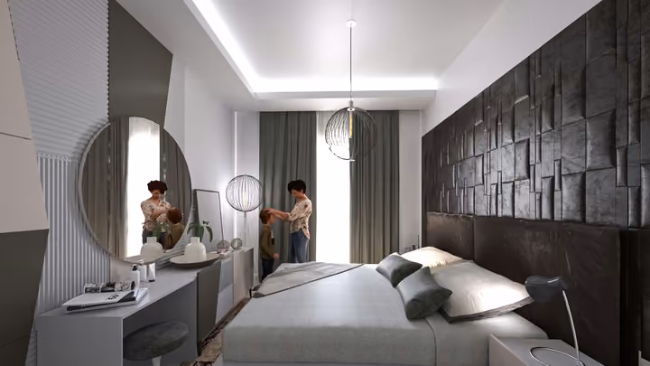 Illustrative showroom rendering of a bedroom with fitted furniture