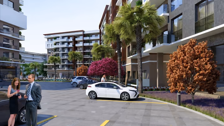 Architectural rendering of a parking courtyard between apartment buildings with landscaped edges.