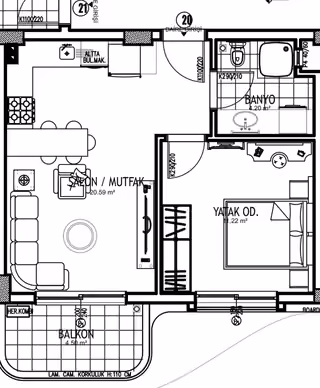 One-bedroom apartment plan showing an open kitchen, one bathroom and a balcony.