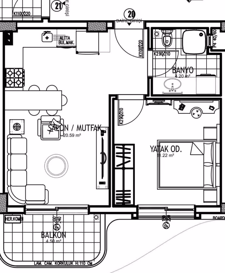 One-bedroom apartment plan showing an open kitchen, one bathroom and a balcony.
