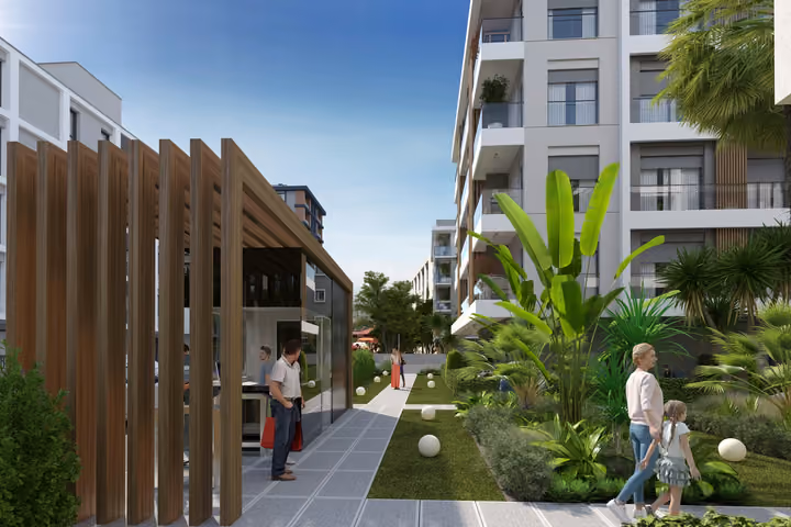 Architectural visualization showing the entrance pavilion, planting beds and pedestrian access.